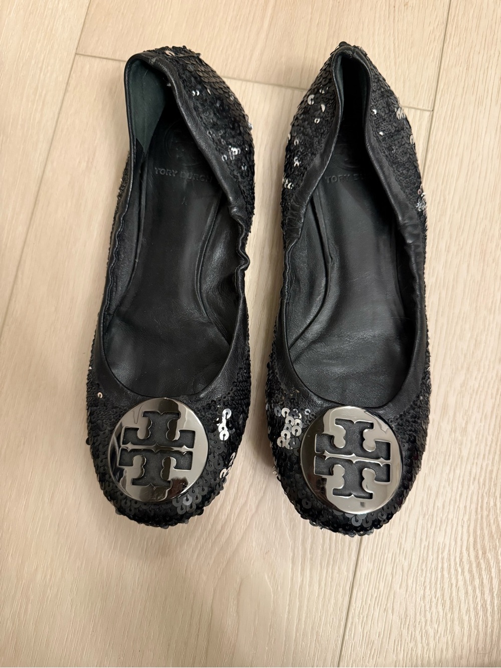 Tory Burch Black Sequin Logo Ballet Flats